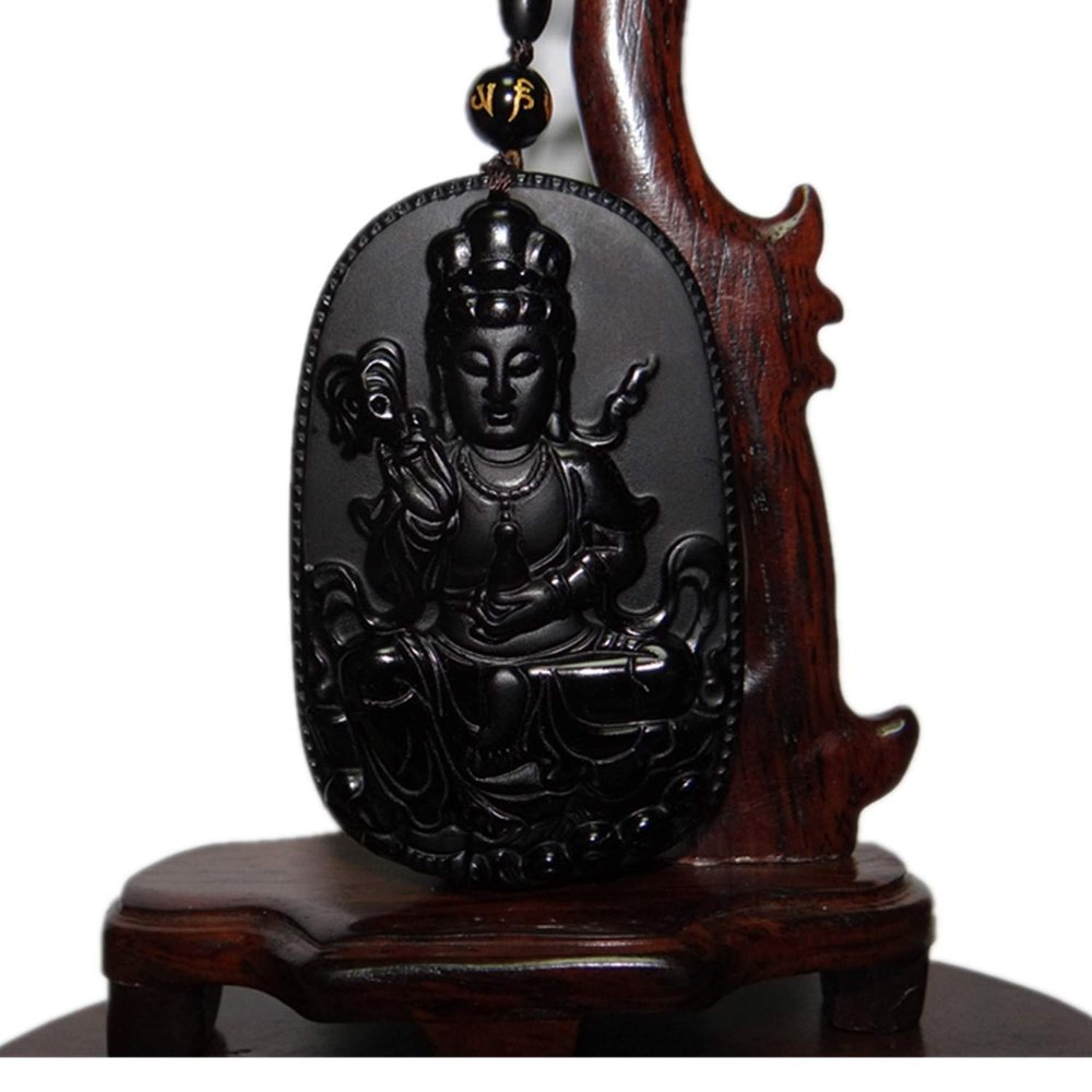 2.6" China Certified Nature Black Obsidian Jade Blessing Kwan-yin Hand Made Necklace Pendant 8970