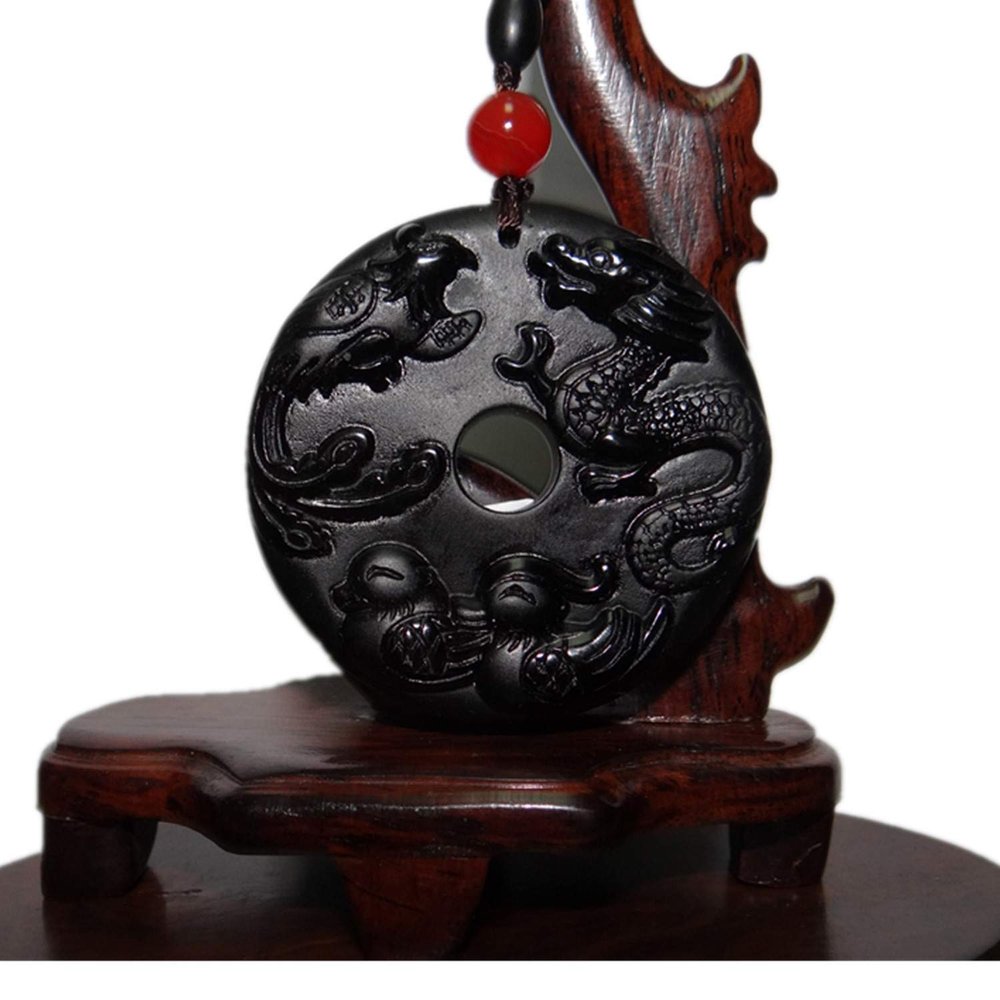 2" China Certified Nature Black Obsidian Jade Happy Dragon and Phoenix Hand Made Necklace Pendant 8980