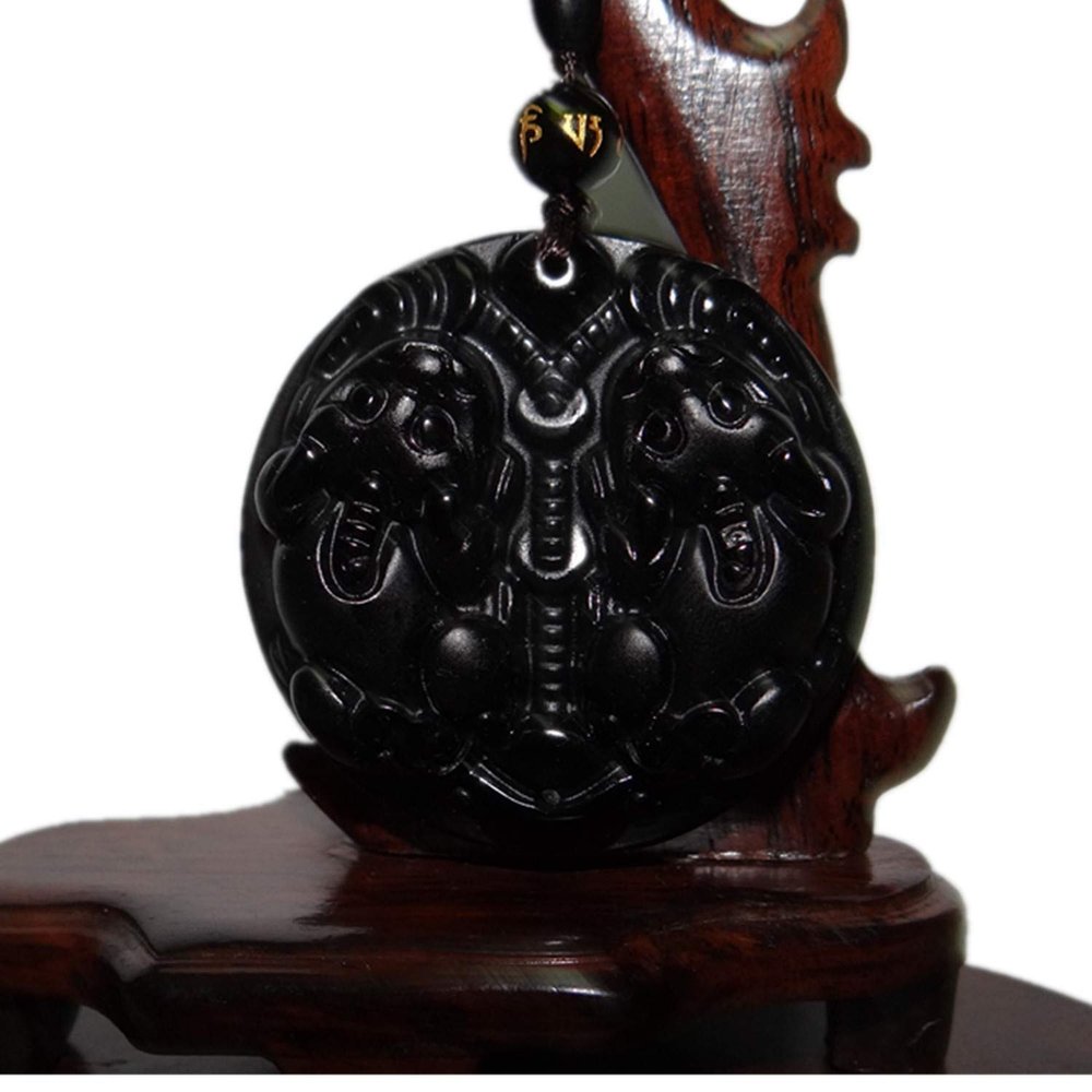 1.8" China Certified Nature Black Obsidian Jade Wealth Double Pixiu Hand Made Necklace Pendant 8982