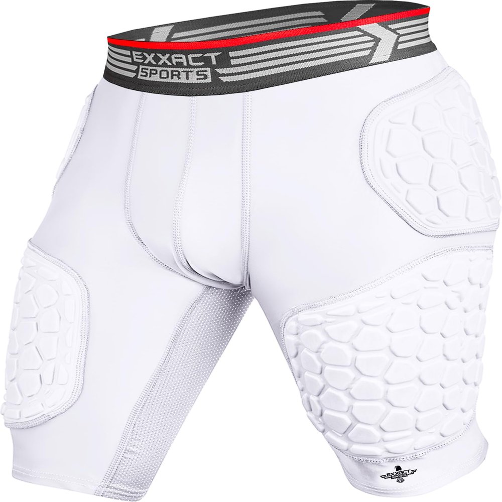 Exxact Sports Elite 5-Pad Adult Football Girdle for Men with Cup Pocket, Padded Compression Shorts with Integrated Hip, Thigh, Tailbone Pads, Men's Girdle Football (AL, White)