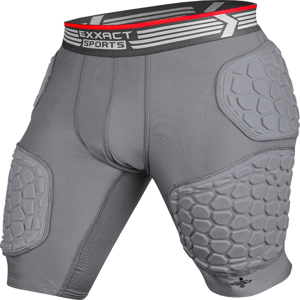 Exxact Sports Elite 5-Pad Adult Football Girdle for Men with Cup Pocket, Padded Compression Shorts with Integrated Hip, Thigh, Tailbone Pads, Men's Girdle Football (AXL, Gray)