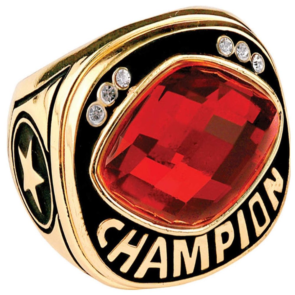 Express Medals Champion Red MVP All Star Trophy Ring in Sizes 6 to 15 with Award Display Stand Case and Neck Display Ball Style Chain 9