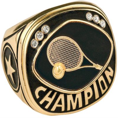 Express Medals Champion Tennis Trophy Ring in Sizes 6 to 15 with Award Display Stand Case and Neck Display Ball Style Chain 15
