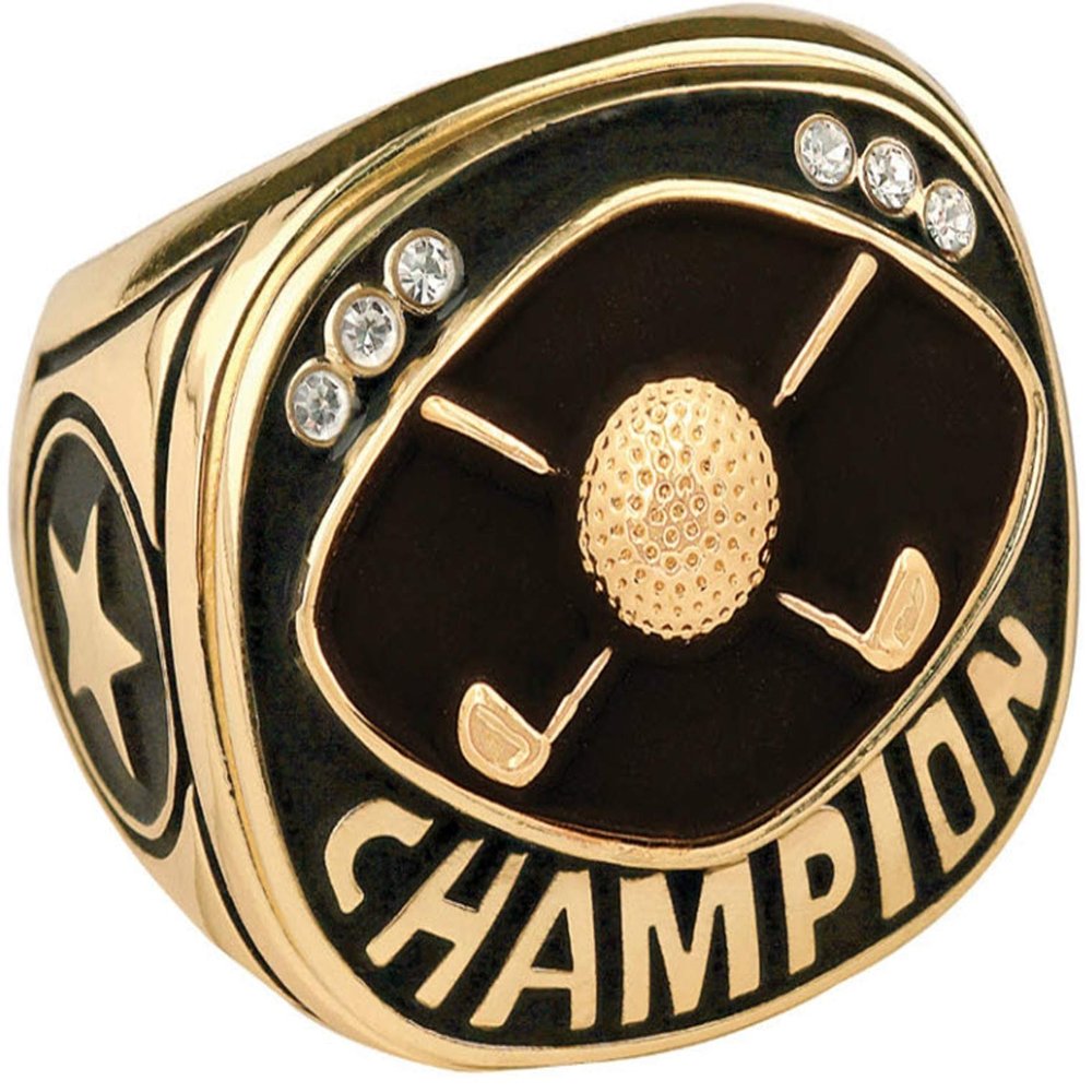 Express Medals Champion Golf Trophy Ring in Sizes 6 to 15 with Award Display Stand Case and Neck Display Ball Style Chain 12