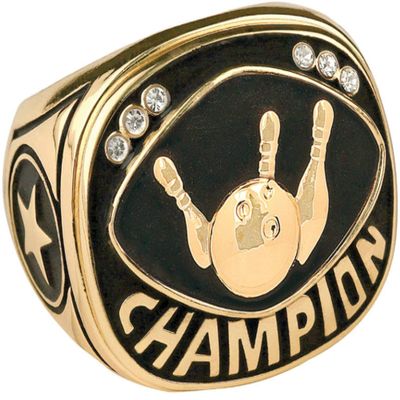 Express Medals Champion Bowling Trophy Ring in Sizes 6 to 15 with Award Display Stand Case and Neck Display Ball Style Chain 15