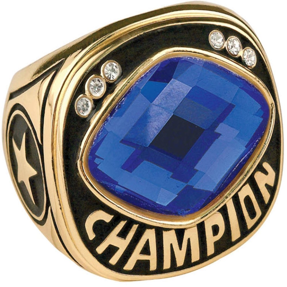Express Medals Champion Blue MVP All Star Trophy Ring in Sizes 6 to 15 with Award Display Stand Case and Neck Display Ball Style Chain 14
