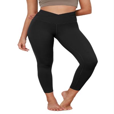 ODODOS Women's Cross Waist 7/8 Yoga Leggings with Inner Pocket, Inseam 25" Gathered Crossover Workout Yoga Pants, Black, XX-Large