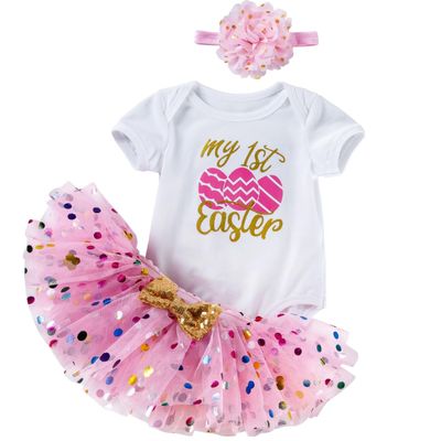 AGQT Baby Girls 1st Easter Outfit Set 3Pcs Romper With Pink Polka Dot Tutu Skirt and Headband Size 12-24 Months(80)