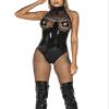 SMGZC Black Sexy Women's Shiny PVC Leather High Cut Thongs Leotard One Piece Halter Bodysuit Wet Look Faux Zipper Crotch Leotard Clubwear (5XL) view 1