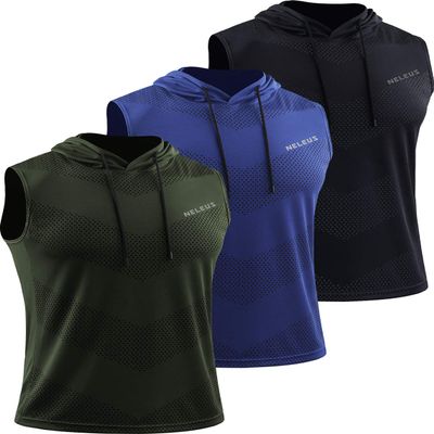 NELEUS Men's Workout Tank Tops Sleeveless Running Shirts with Hoodie,5098,3 Pack,Black/Olive Green/Blue,2XL