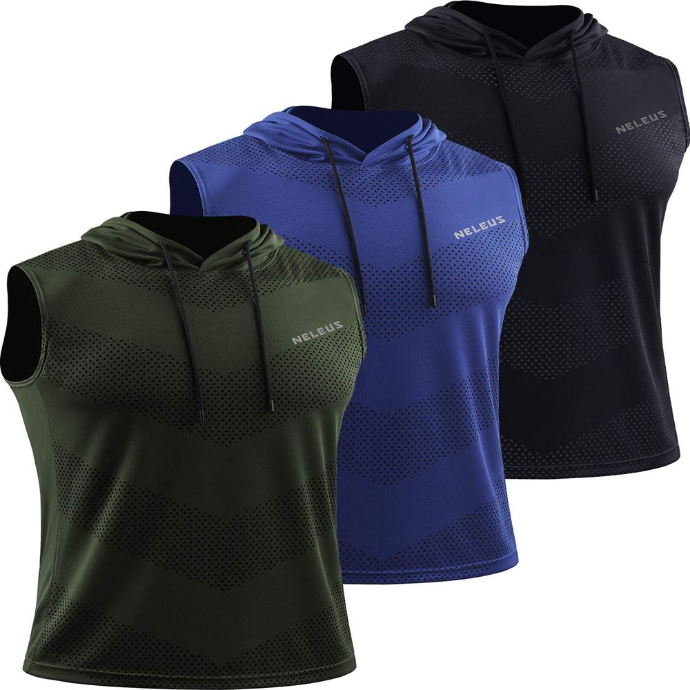 NELEUS Men's Workout Tank Tops Sleeveless Running Shirts with Hoodie,5098,3 Pack,Black/Olive Green/Blue,2XL