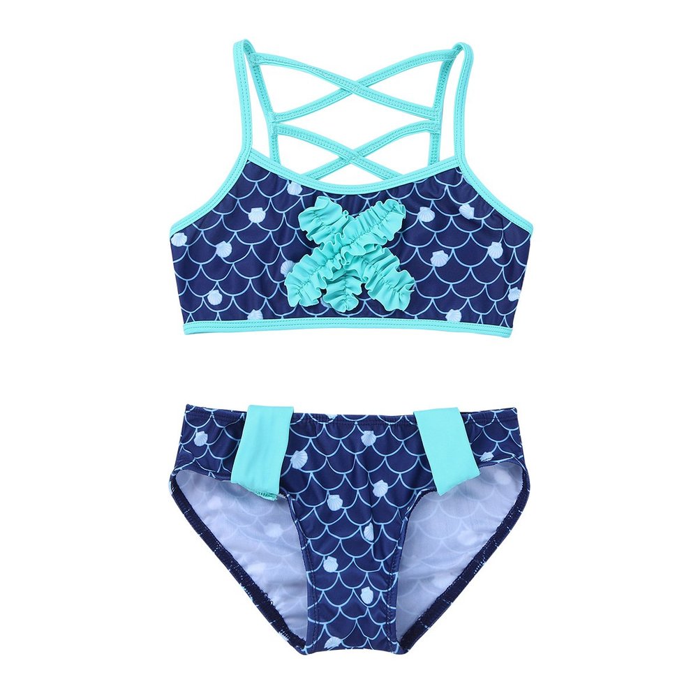 FEESHOW Girls Mermaid Swimsuit Two Piece Tankini Swimwear Bathing Suit Starfish Top with Bottom Set Dark Blue 3-4