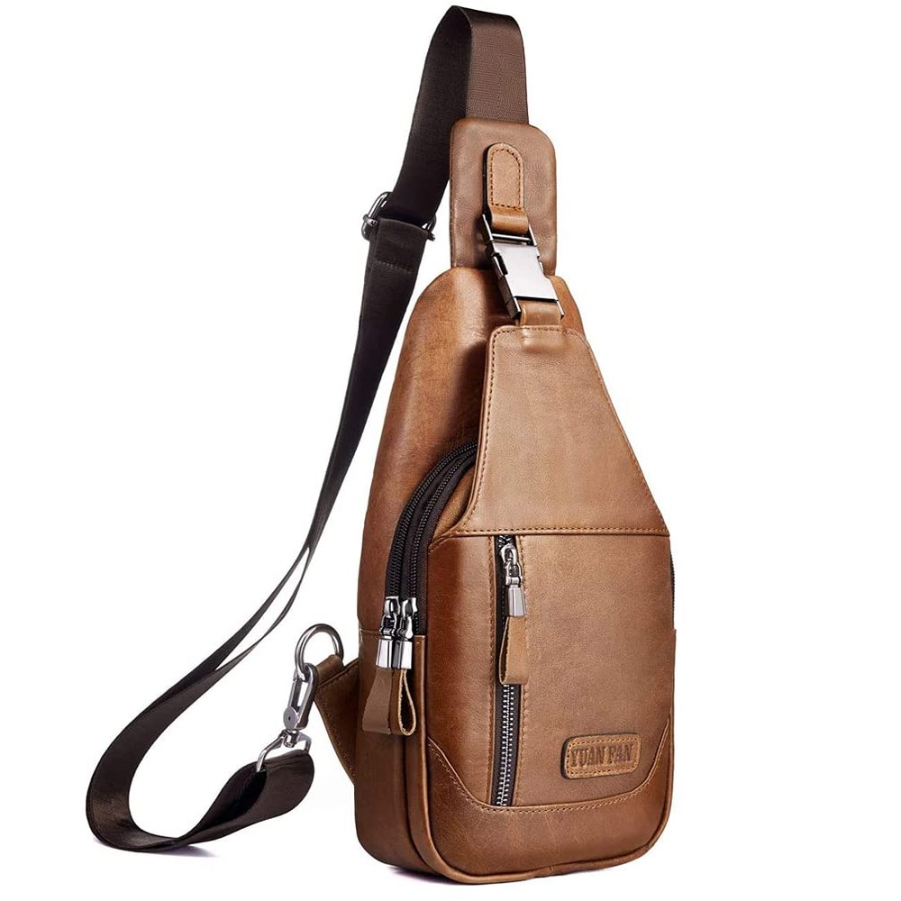 Hebetag Leather Sling Bag Hiking Daypack for Men Women Outdoor Travel Camping Fishing Crossbody Shoulder Chest Pack Daypack Small Brown