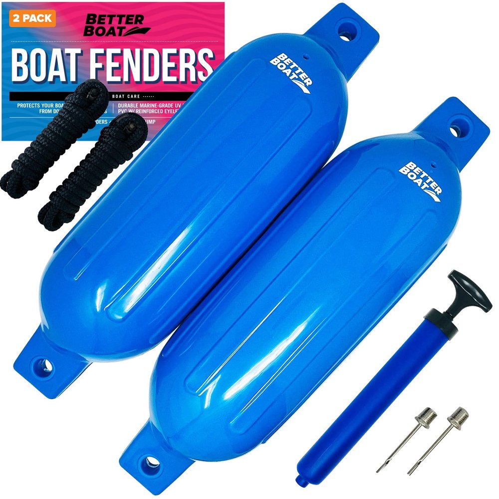 2 Pack Boat Fenders, 23" x 6.5", Inflatable Dock Bumpers with Pump, Marine Buoys for Docking, Pontoons, Boat Accessories, Blue