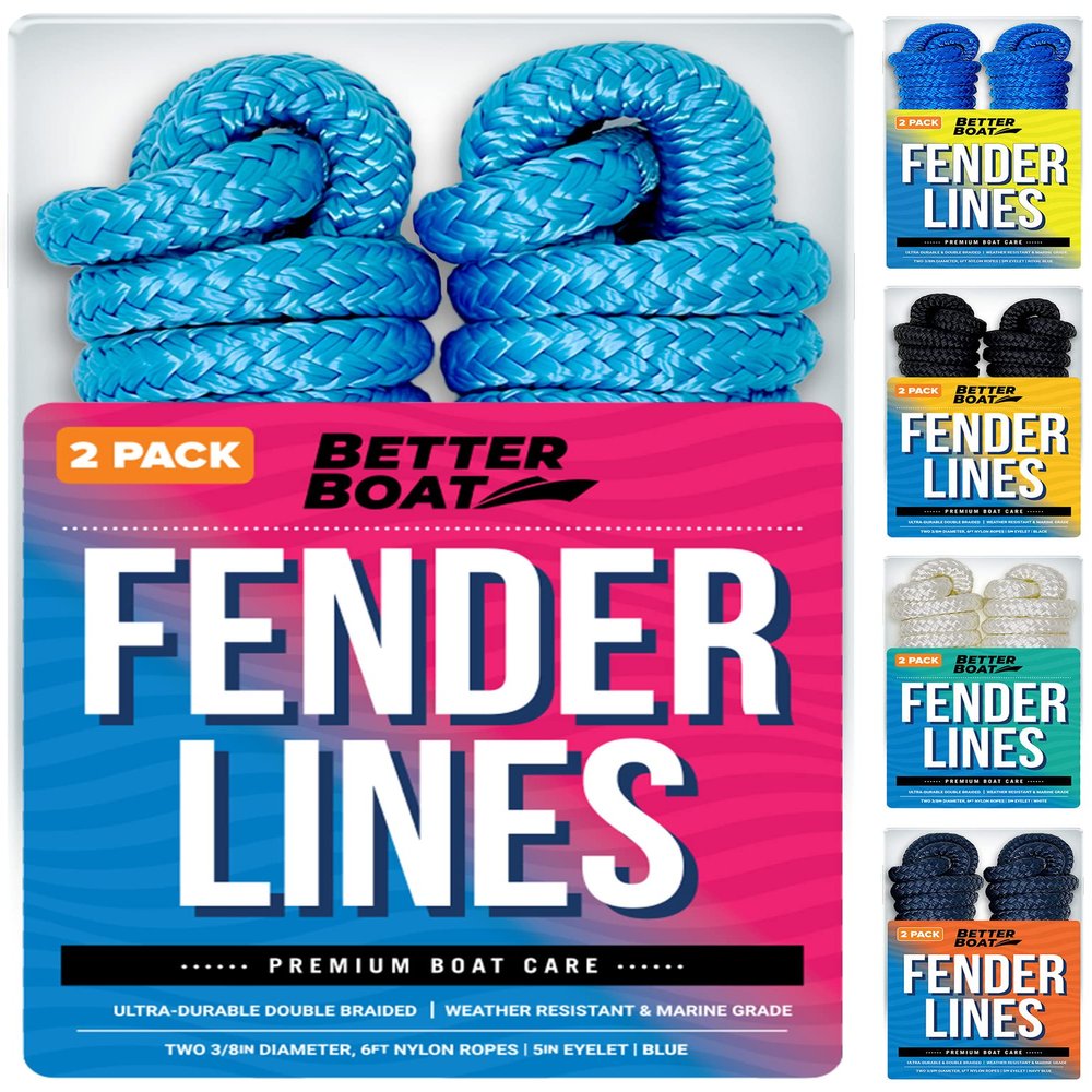 Boat Fender Lines, 3/8 Inch Double Braided Nylon Rope, 6 Ft with Loop, 2 Pack, Blue, for Buoy, Jet Ski Mooring, Docking & Small Boat Bumpers
