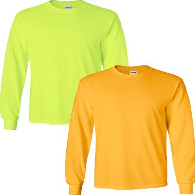 Gildan Men's Heavy Cotton Long Sleeve T-Shirt, Style G5400, Pack of 2 XL Safety Green-Gold