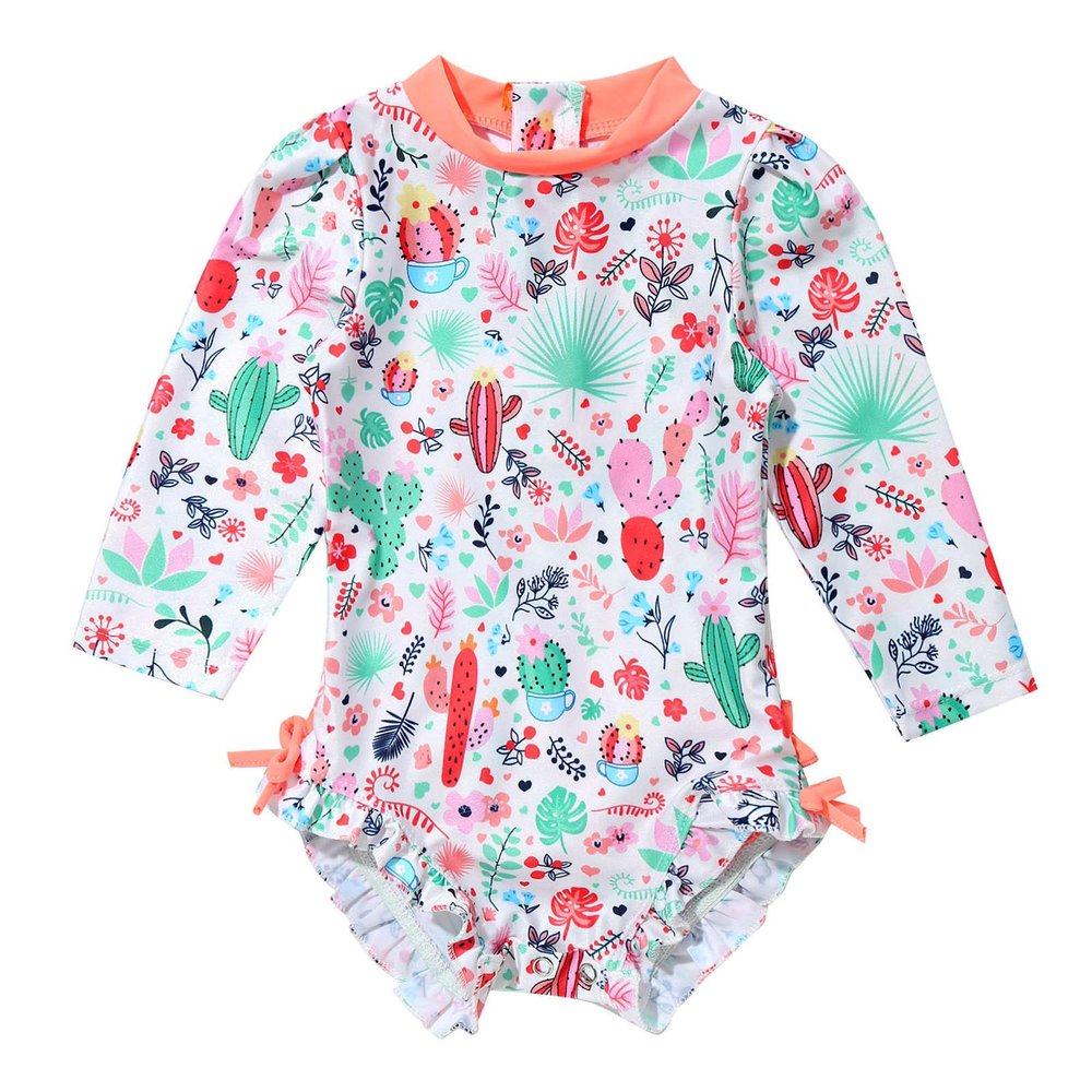 Hansber Infant Baby Girls One Piece Swimsuit Long Sleeves Floral Printed Ruffles Rash Guard Swimwear Orange 0-3 Months