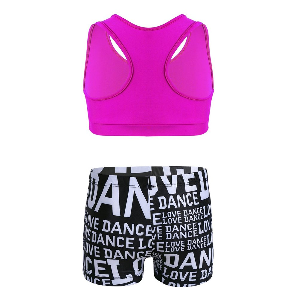 Loyan Kids Girls 2Pcs Tracksuits Dance Workout Outfits Tank Top with Letters Print Shorts Bottoms Set Rose&Black 3-4
