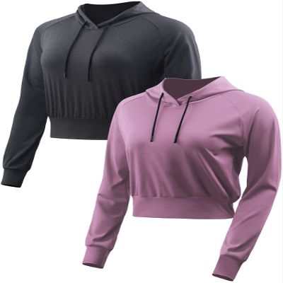 CADMUS Women's Workout Long Sleeve Shirts with Hoodie Sweatshirt Running Crop Top 2 Pack, Dark Grey, Pink, Small