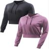 CADMUS Women's Workout Long Sleeve Shirts with Hoodie Sweatshirt Running Crop Top 2 Pack, Dark Grey, Pink, Small view 1