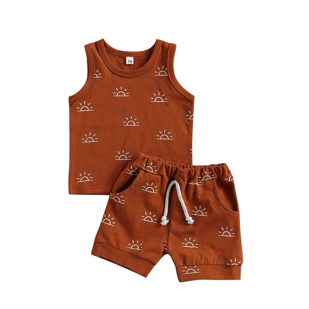 Hnyenmcko Toddler Baby Boys Girls Summer 2Pcs Set Sun Rise Print Sleeveless Vest Tops + Pockets Shorts Sets (Brown, 18-24 Months)