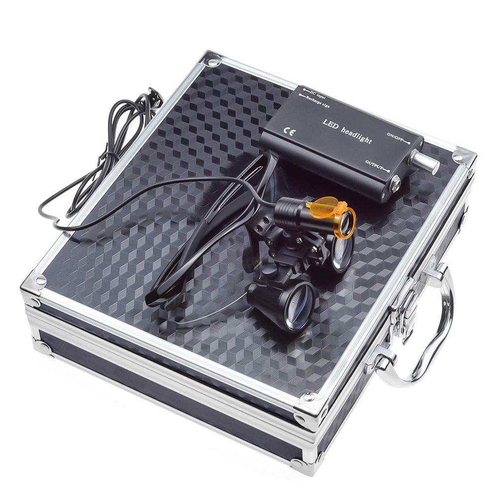 3.5X Binocular Loupes Magnifying Glasses + 5W Magnifying Lamp LED Headlamp with Filter and Belt Clip Aluminum Box Black