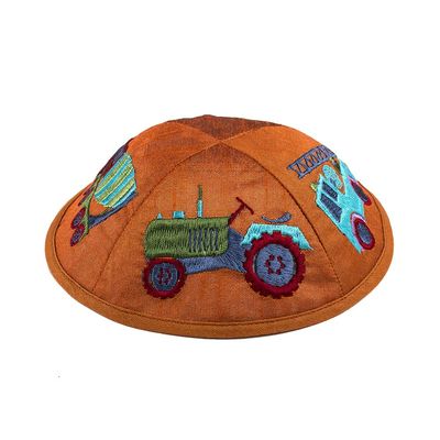 EMANUEL Yair Kippah for Boys Kids Embroidered Trucks Children Yarmulke (Orange YPA-6B, 1)