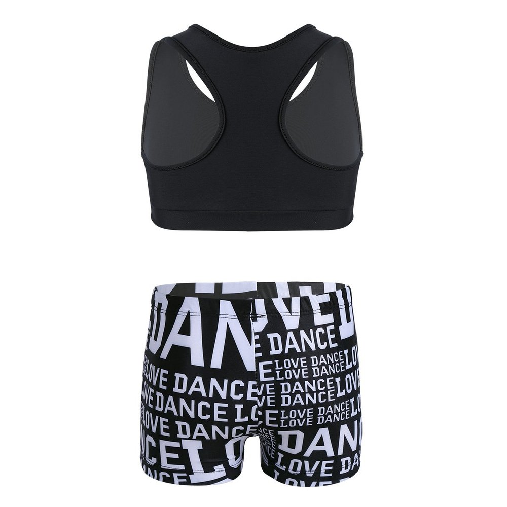 Loyan Kids Girls 2Pcs Tracksuits Dance Workout Outfits Tank Top with Letters Print Shorts Bottoms Set Black 10-12