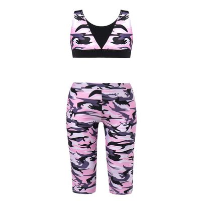 Hansber Girls Kids Active Camouflage Printed Love Dance 2Pcs Racer Crop Top with Leggings Sports/Dance Outfit Camouflage Pink 8
