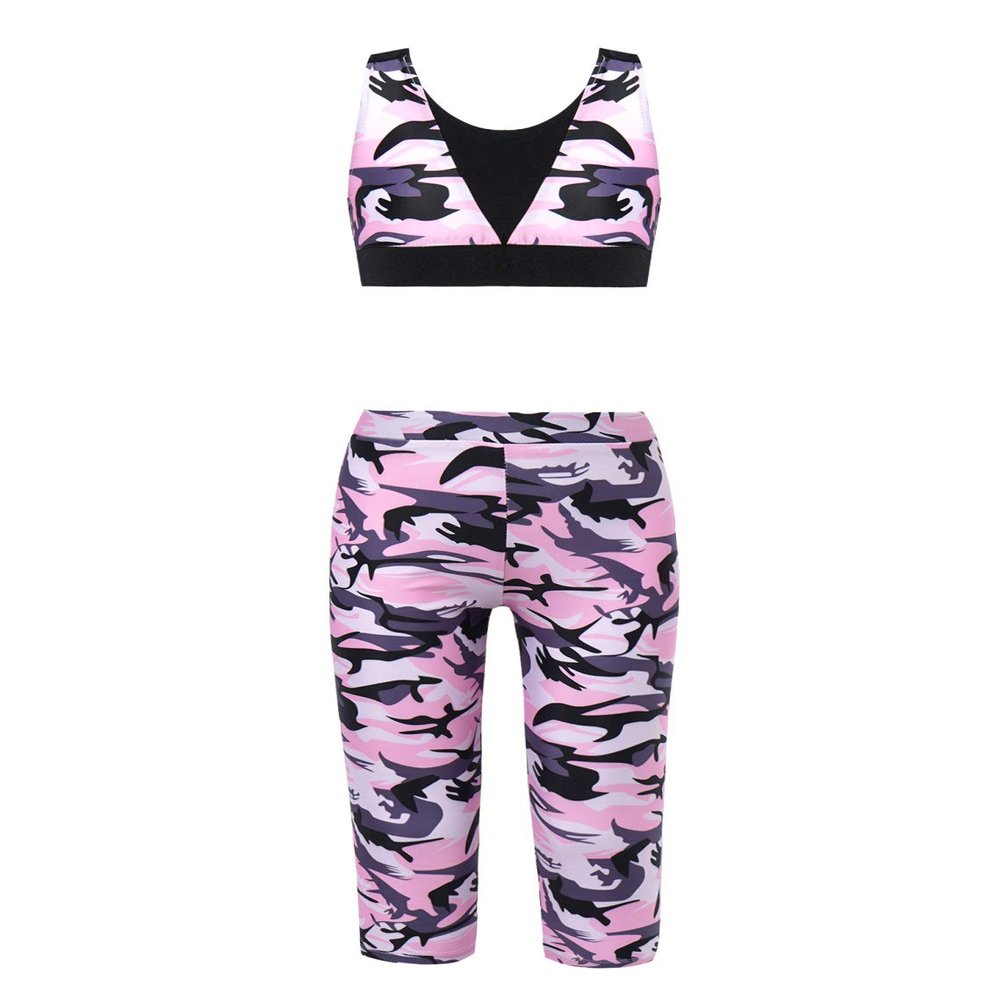 Hansber Girls Kids Active Camouflage Printed Love Dance 2Pcs Racer Crop Top with Leggings Sports/Dance Outfit Camouflage Pink 8