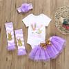 XFGLCK Newborn Baby Girl Skirt Outfit Bunny Letters Short Sleeve Bodysuit Tutu Skirt Headband Leg Warmers 4pcs (Purple, 0-3 Months) view 2