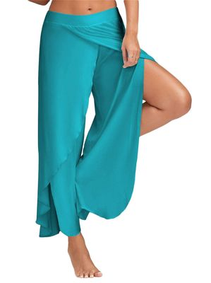 Andongnywell Women's Palazzo Wide Leg Split Pants Casual Beach Flowy Wrap Pants Yoga Sweatpants Trousers (Blue,X-Large)