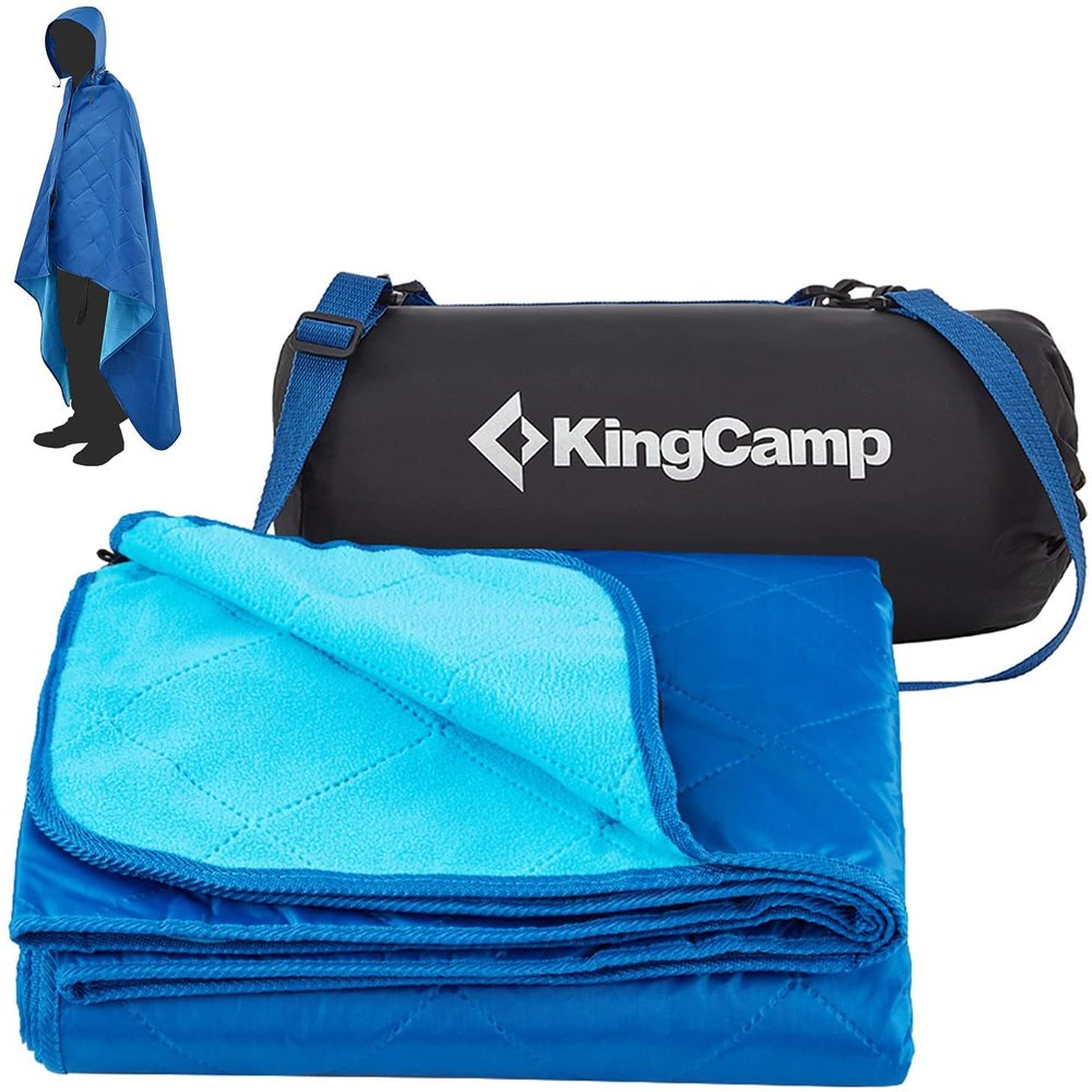 KingCamp Hooded Stadium Blanket Waterproof Camping Blanket Windproof Fleece Blanket Portable Outdoor Blanket Waterproof Picnic Blanket Wearable Hooded Blanket for Sports Concerts Park Travel Hiking Blue 78" X 57"