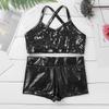 Loyan Kids Girls Dance Tracksuits Spaghetti Shoulder Straps Sequined Crop Top with Shorts Bottom Set Black 8-10 view 3