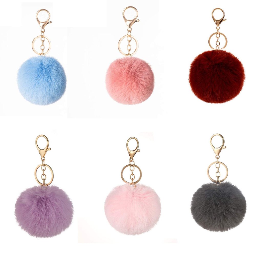 6 Pieces Pom Pom Keychain Soft Artificial Fur Ball Keychain Fluffy Accessories Car Bag Charm Puff Plush Ball Keyring Faux Rabbit Fur Cute Pompoms Ball Keyring for Girls Women (Mix Colors)