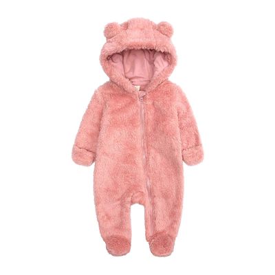 Newborn Baby Warm Snowsuit Cotton Fleece Hooded Romper Bear Pattern Jumpsuit for Baby Girl Boy Pink 0-3M