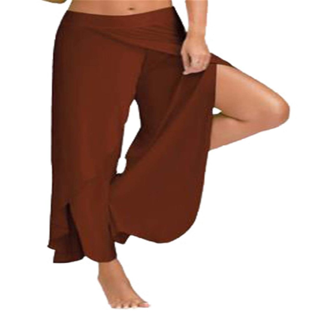 Andongnywell Women's Palazzo Wide Leg Split Pants Casual Beach Flowy Wrap Pants Yoga Sweatpants Trousers (Coffee,Large)
