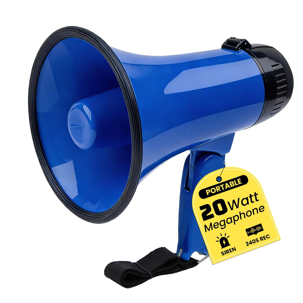 MyMealivos Portable Megaphone Bullhorn 20 Watt Power Megaphone Speaker Voice and Siren/Alarm Modes with Volume Control and Strap (Blue)