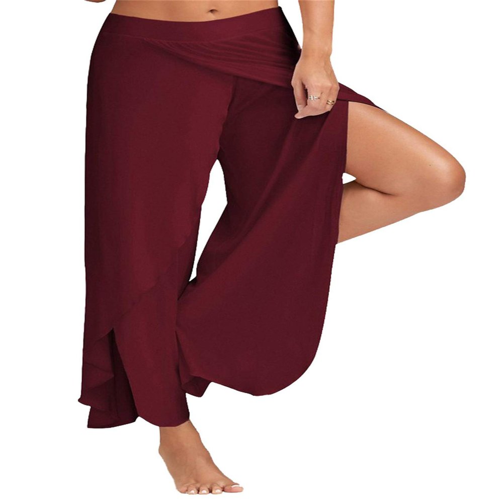 Andongnywell Women's Palazzo Wide Leg Split Pants Casual Beach Flowy Wrap Pants Yoga Sweatpants Trousers (Wine Red,Medium)