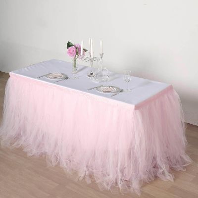 Efavormart 14ft Blush Full Size 4 Layer Fluffy Tulle - Tutu Table Skirt for Party Events fits 6ft rectangle/48in Round Table