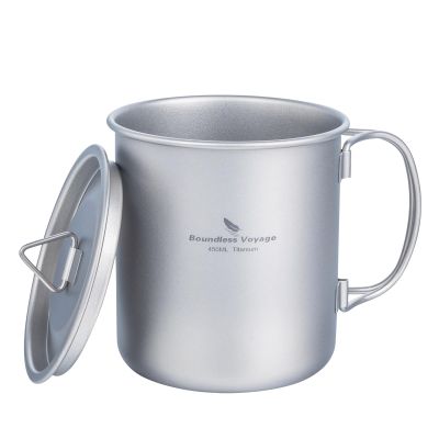 iBasingo 450ml Titanium Mug with Lid Tea Coffee Water Cup Outdoor Camping Pot Ultra-light Portable Hiking Backpacking Cooking Kit Picnic Tableware Drinkware with Foldable Handle Ti3026D