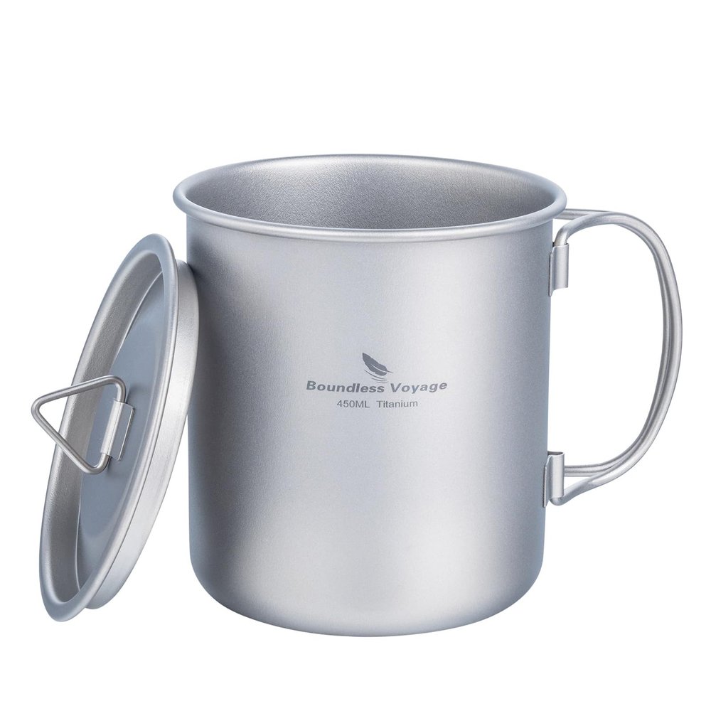 iBasingo 450ml Titanium Mug with Lid Tea Coffee Water Cup Outdoor Camping Pot Ultra-light Portable Hiking Backpacking Cooking Kit Picnic Tableware Drinkware with Foldable Handle Ti3026D