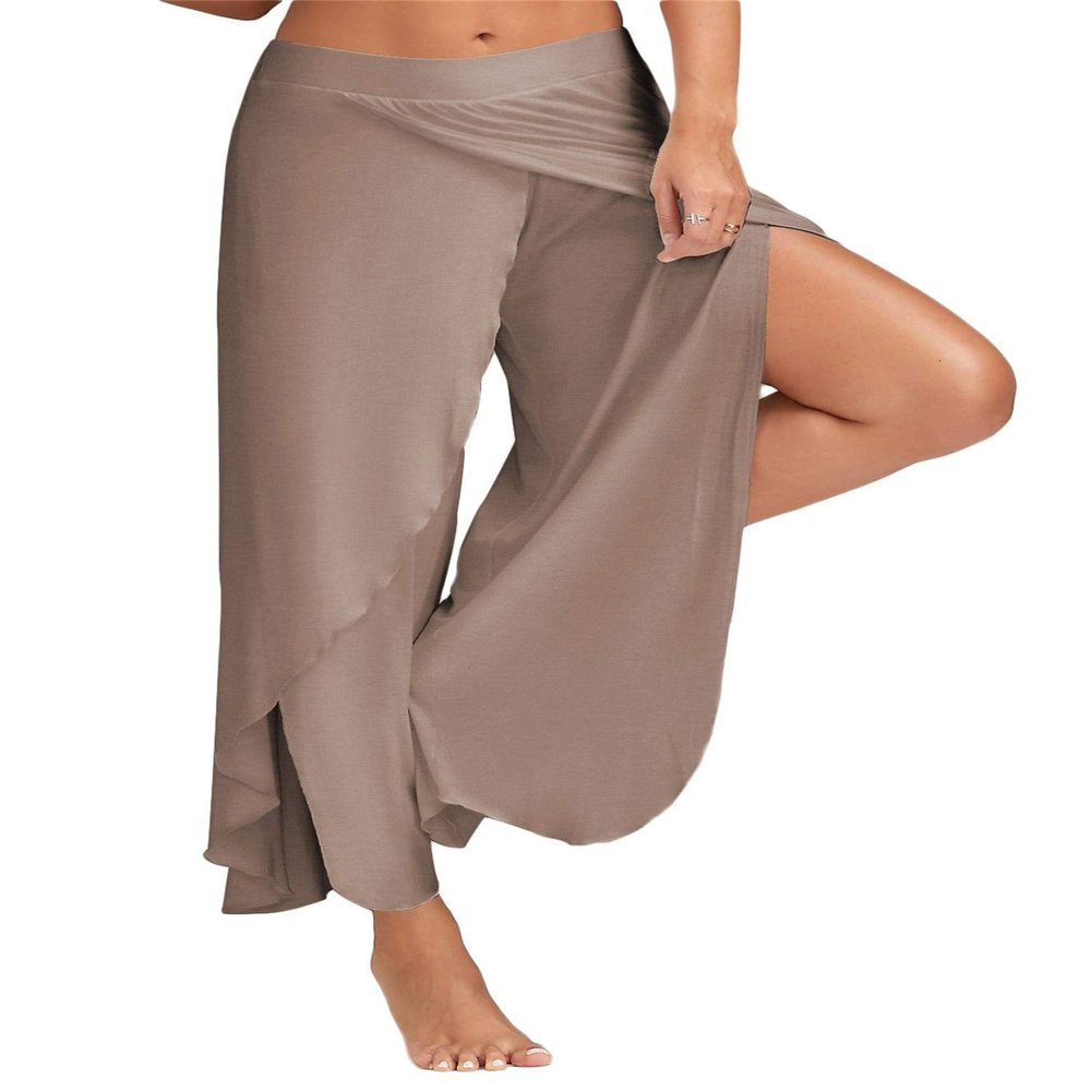 Andongnywell Women's Palazzo Wide Leg Split Pants Casual Beach Flowy Wrap Pants Yoga Sweatpants Trousers (Brown,Large)