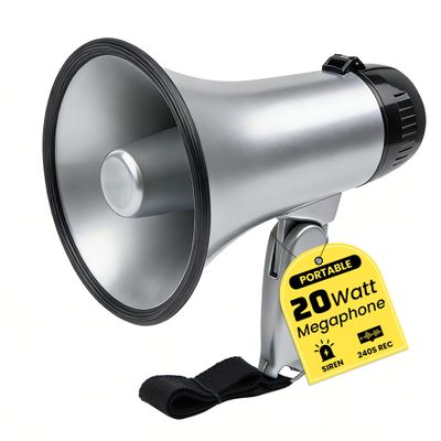 MyMealivos Portable Megaphone Bullhorn 20 Watt Power Megaphone Speaker Voice and Siren/Alarm Modes with Volume Control and Strap (Silver)