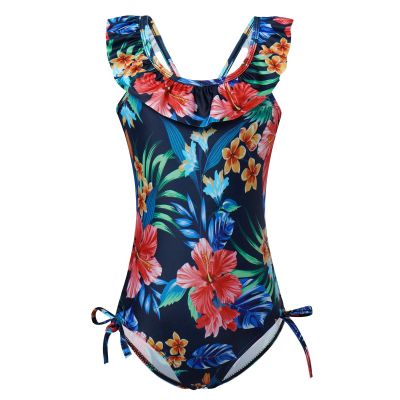Yartina Kids Girls Tropical Flower Printed Ruffles Criss Cross Back One Piece Swimsuit Beachwear Navy_Blue 6