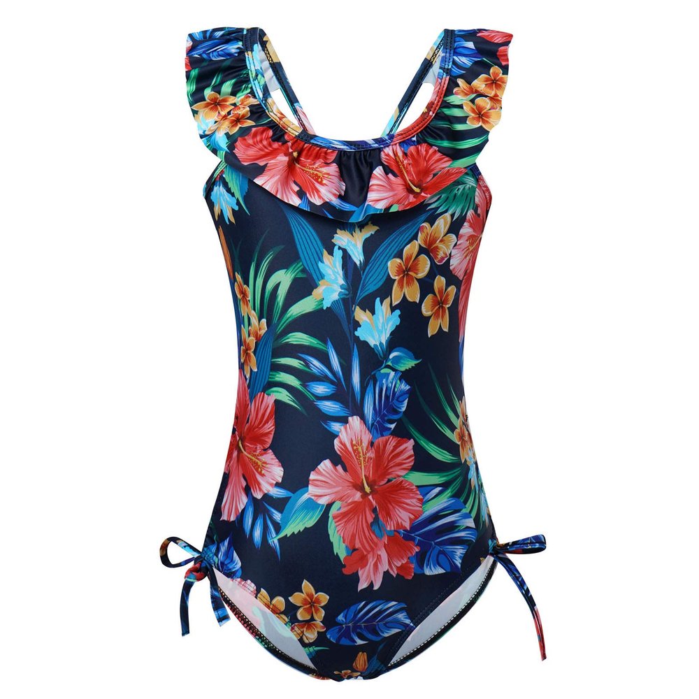 Yartina Kids Girls Tropical Flower Printed Ruffles Criss Cross Back One Piece Swimsuit Beachwear Navy_Blue 6