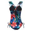Yartina Kids Girls Tropical Flower Printed Ruffles Criss Cross Back One Piece Swimsuit Beachwear Navy_Blue 6 view 2