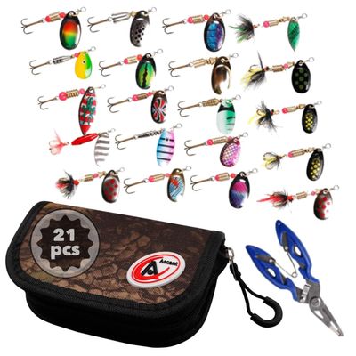 Fisherman Gift Fishing Lures for Bass, 21 pcs Spinning Lures for Trout - with Carry Bag and Pliers, Line Cutter, Hook Remover - Hard Metal Spinner Baits Kit for Fisher Men, Women