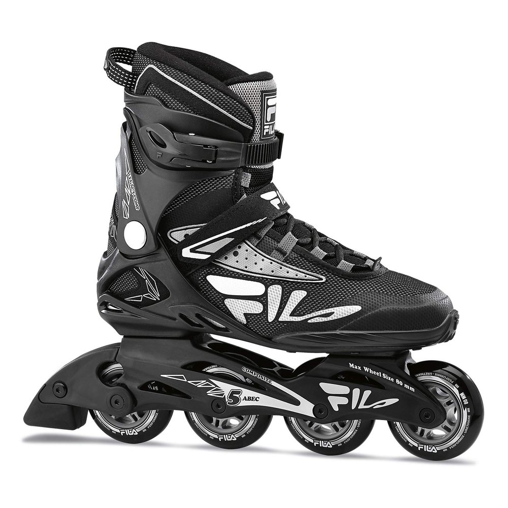 FILA Legacy Comp Inline Fitness Skates for Men and Women- Air Flow Technology, Lightweight Composite Frame, 80mm Wheels, ABEC-5 Bearings - Black/Grey, Men 8