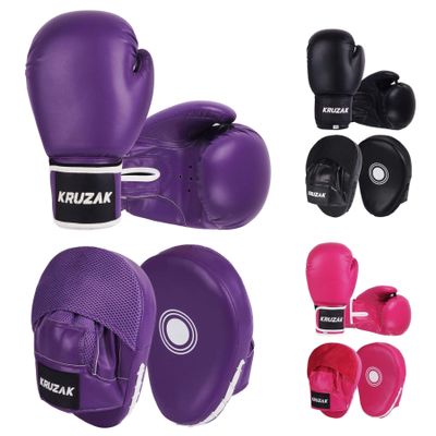 Kruzak Plain Focus Mitts and Boxing Gloves Set for Kickboxing and Muay Thai MMA Training - Fitness Kit with Punching Pads for Martial Arts and Karate - Purple - 14oz